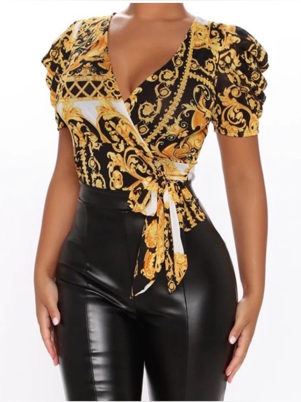 Fashion Nova Black and Gold Baroque Bodysuit